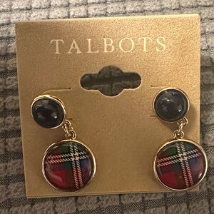 Talbots Red Plaid Green and Gold Drop Earrings